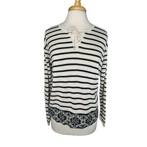J.JILL Cream & Navy Blue Stripe Decorative Trim Knit Top Long Sleeve Size Small